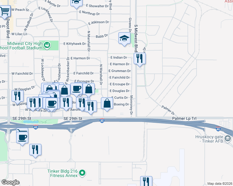 map of restaurants, bars, coffee shops, grocery stores, and more near 520 East Curtis Drive in Midwest City