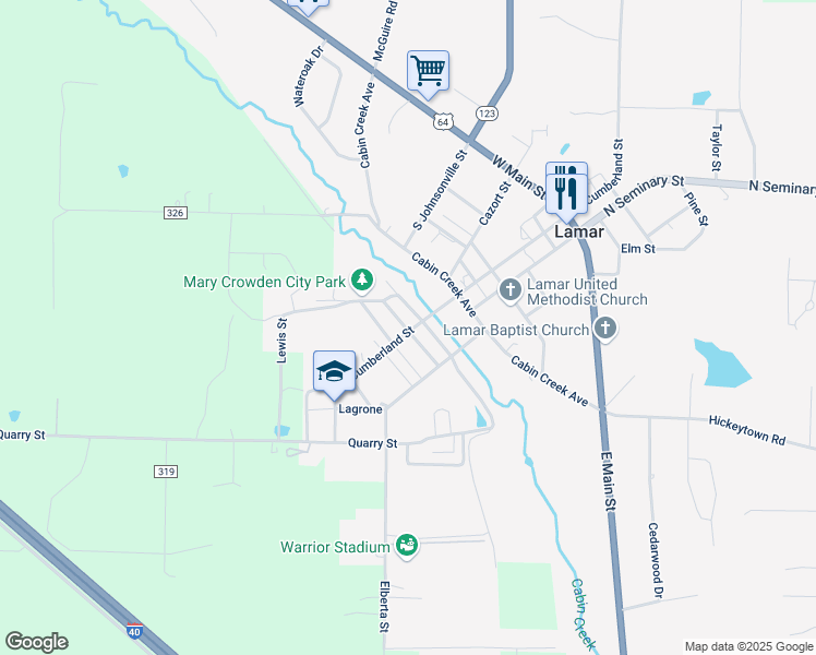 map of restaurants, bars, coffee shops, grocery stores, and more near 35 East Quarry Street in Lamar