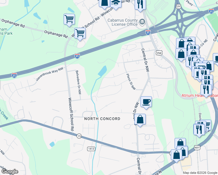 map of restaurants, bars, coffee shops, grocery stores, and more near 375 Southcircle Drive Northwest in Concord