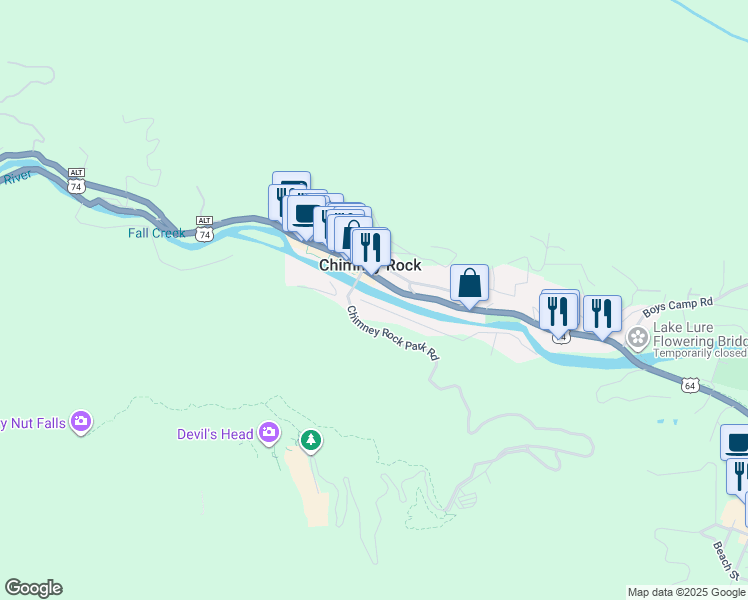 map of restaurants, bars, coffee shops, grocery stores, and more near 158 South Street in Rutherfordton