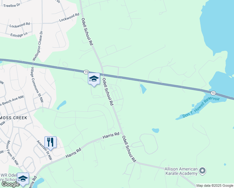 map of restaurants, bars, coffee shops, grocery stores, and more near 1760 Odell School Road in Concord