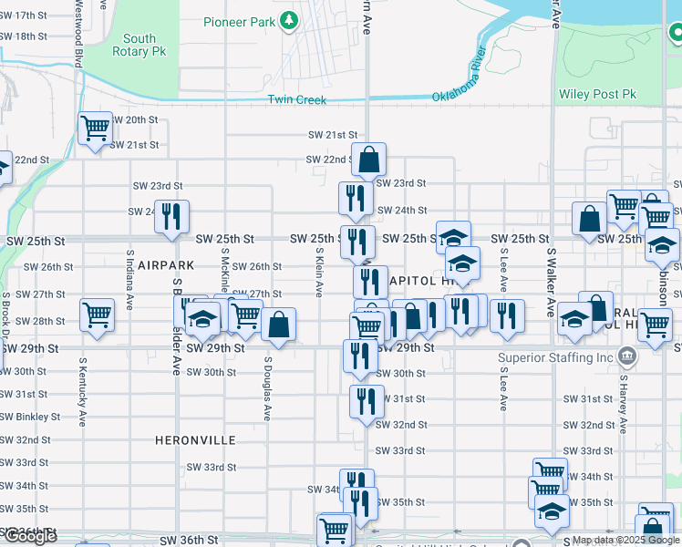 map of restaurants, bars, coffee shops, grocery stores, and more near 929 Southwest 27th Street in Oklahoma City