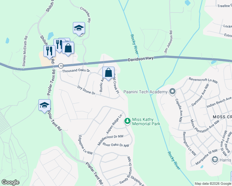 map of restaurants, bars, coffee shops, grocery stores, and more near 10814 Dry Stone Drive in Huntersville