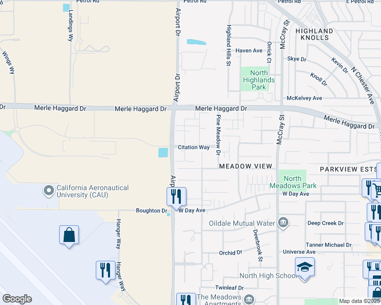 map of restaurants, bars, coffee shops, grocery stores, and more near 3429 Park Meadows Drive in Bakersfield