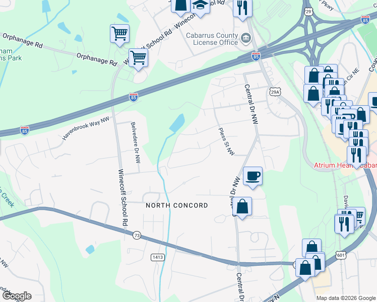 map of restaurants, bars, coffee shops, grocery stores, and more near 375 Southcircle Drive Northwest in Concord