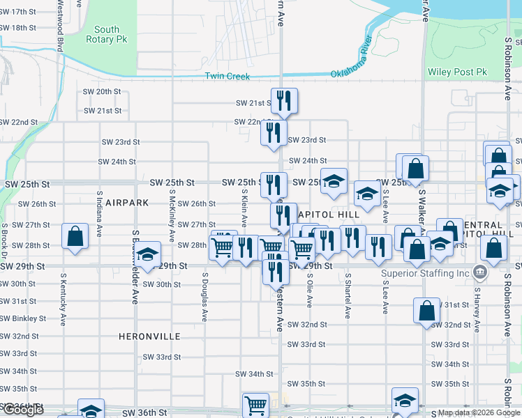 map of restaurants, bars, coffee shops, grocery stores, and more near 929 Southwest 27th Street in Oklahoma City