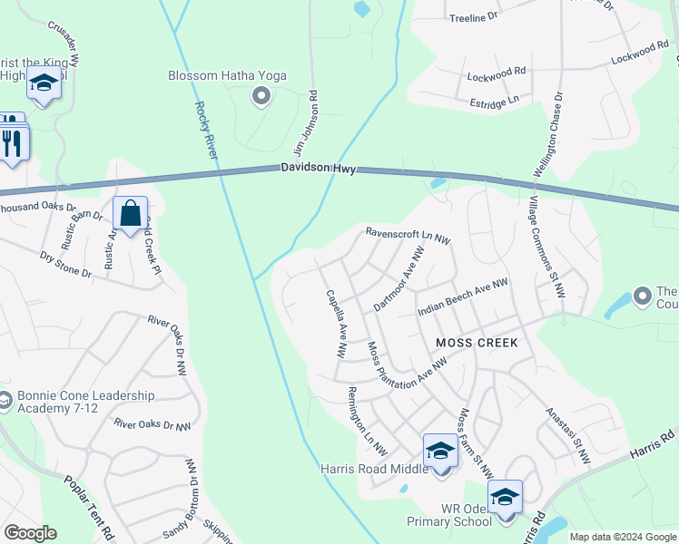 map of restaurants, bars, coffee shops, grocery stores, and more near 9723 Moss Plantation Avenue Northwest in Concord