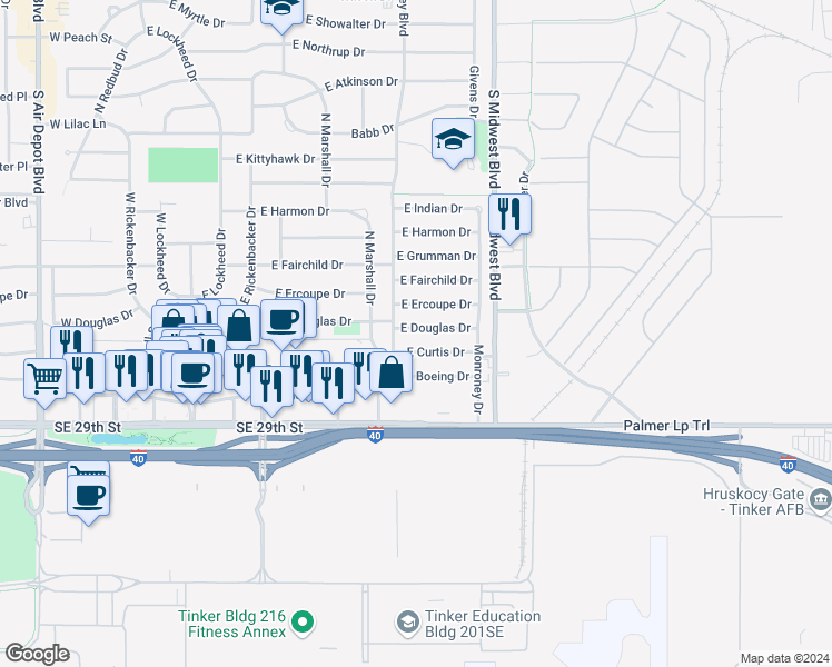 map of restaurants, bars, coffee shops, grocery stores, and more near 508 East Douglas Drive in Midwest City