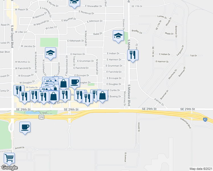map of restaurants, bars, coffee shops, grocery stores, and more near 504 East Douglas Drive in Midwest City