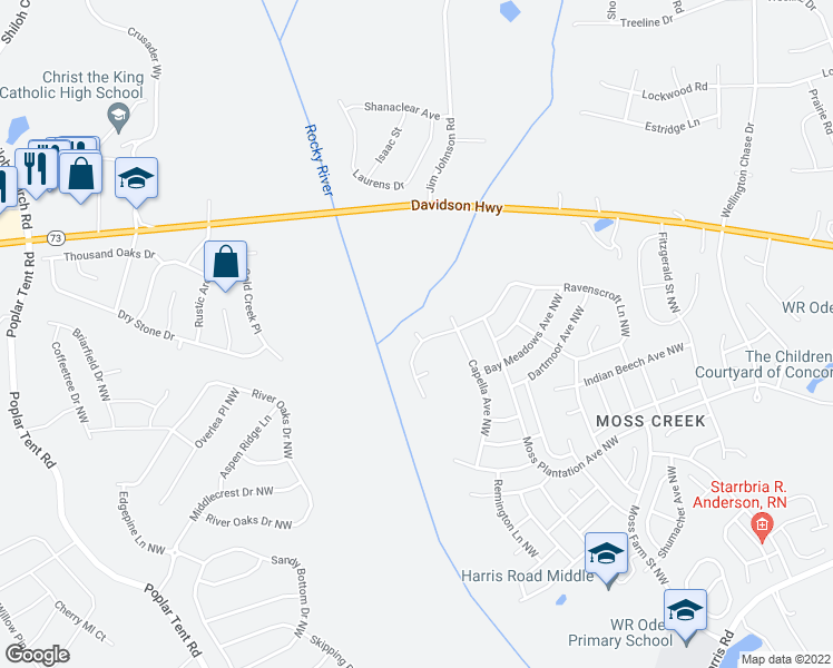 map of restaurants, bars, coffee shops, grocery stores, and more near Alexia Court Northwest in Concord