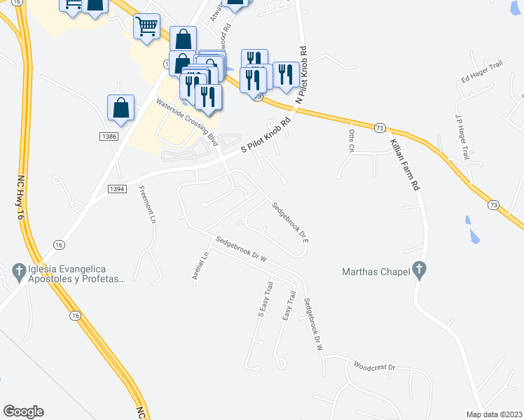 map of restaurants, bars, coffee shops, grocery stores, and more near 7892 Sedgebrook Drive East in Stanley