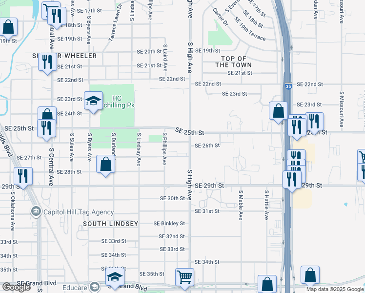 map of restaurants, bars, coffee shops, grocery stores, and more near 831 Southeast 27th Street in Oklahoma City
