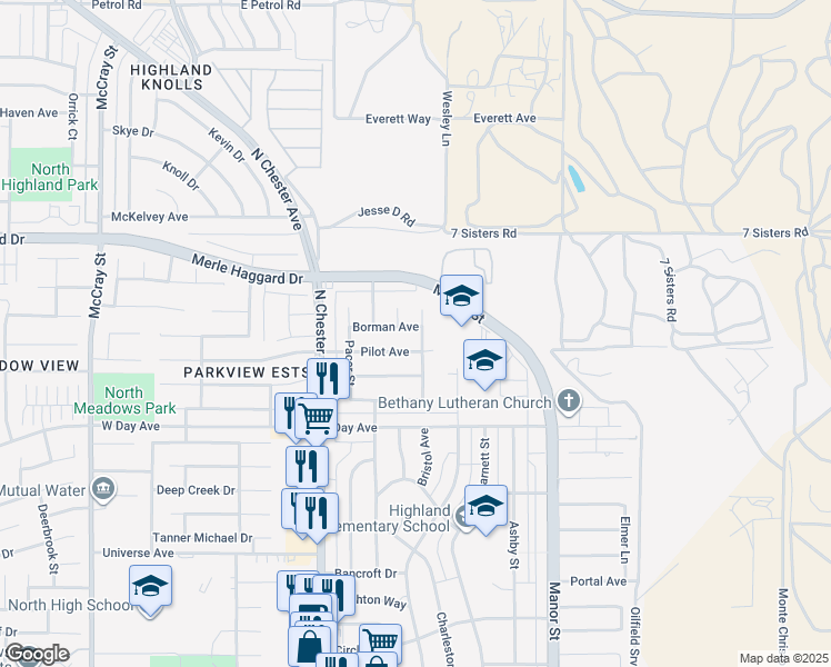 map of restaurants, bars, coffee shops, grocery stores, and more near 409 Borman Avenue in Bakersfield