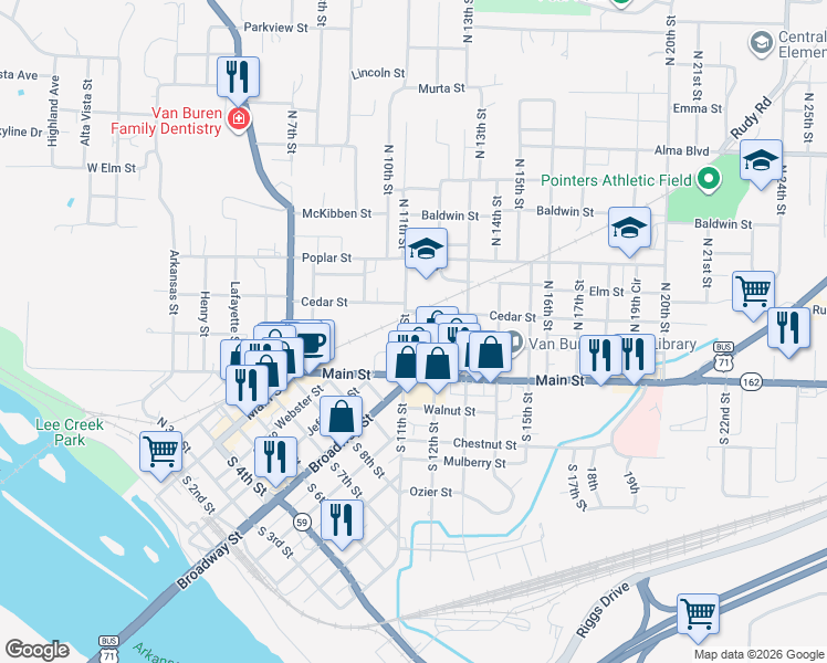 map of restaurants, bars, coffee shops, grocery stores, and more near 108 North 11th Street in Van Buren