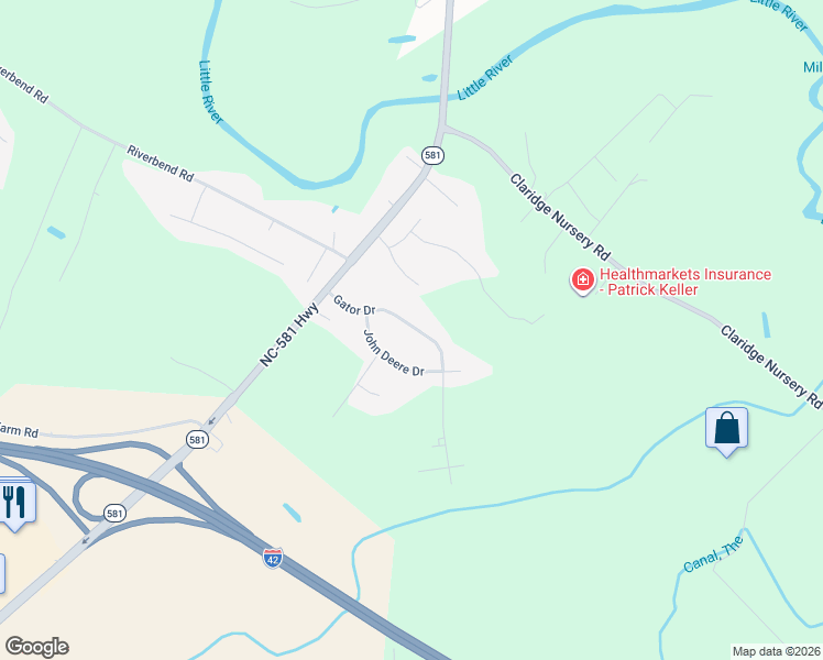 map of restaurants, bars, coffee shops, grocery stores, and more near 203 John Deere Drive in Goldsboro