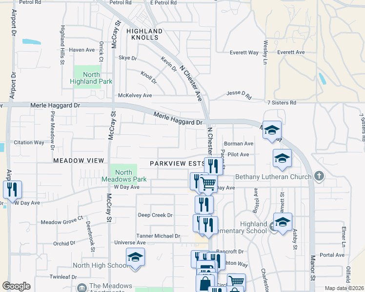 map of restaurants, bars, coffee shops, grocery stores, and more near 140 West Pilot Avenue in Bakersfield