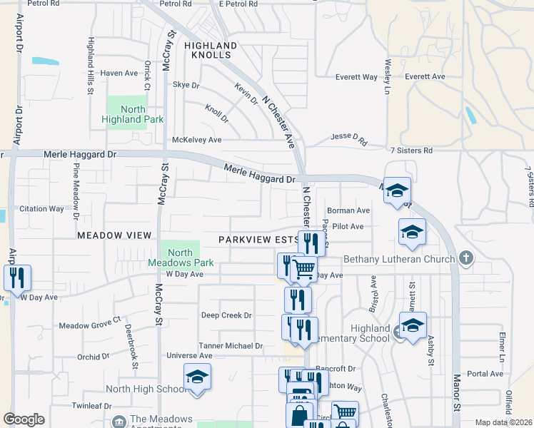 map of restaurants, bars, coffee shops, grocery stores, and more near 140 West Pilot Avenue in Bakersfield