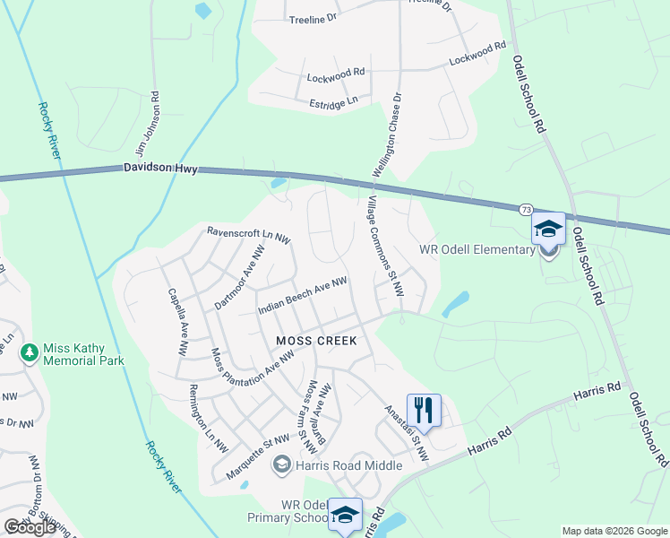 map of restaurants, bars, coffee shops, grocery stores, and more near 9539 Indian Beech Avenue Northwest in Concord