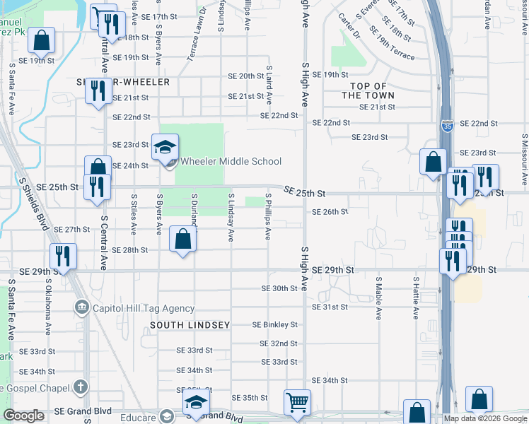 map of restaurants, bars, coffee shops, grocery stores, and more near 741 Southeast 27th Street in Oklahoma City
