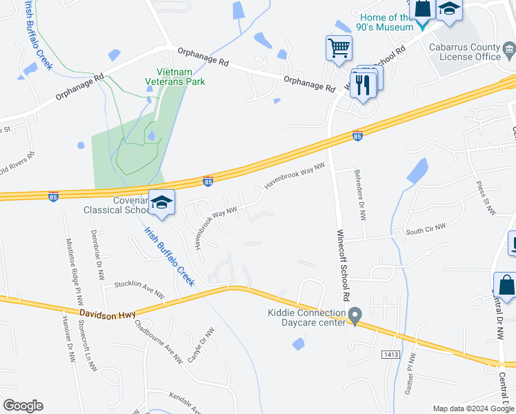 map of restaurants, bars, coffee shops, grocery stores, and more near 433 Havenbrook Way Northwest in Concord