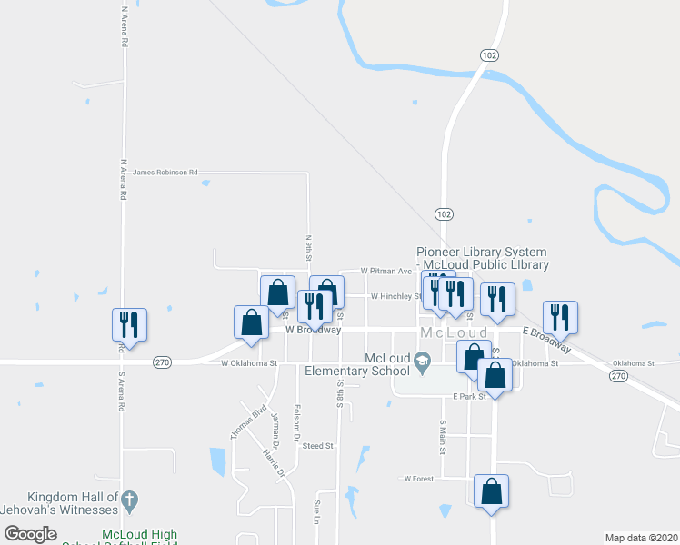 map of restaurants, bars, coffee shops, grocery stores, and more near 299 North 8th Street in McLoud