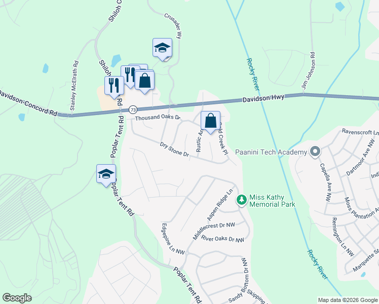 map of restaurants, bars, coffee shops, grocery stores, and more near 10917 Dry Stone Drive in Huntersville