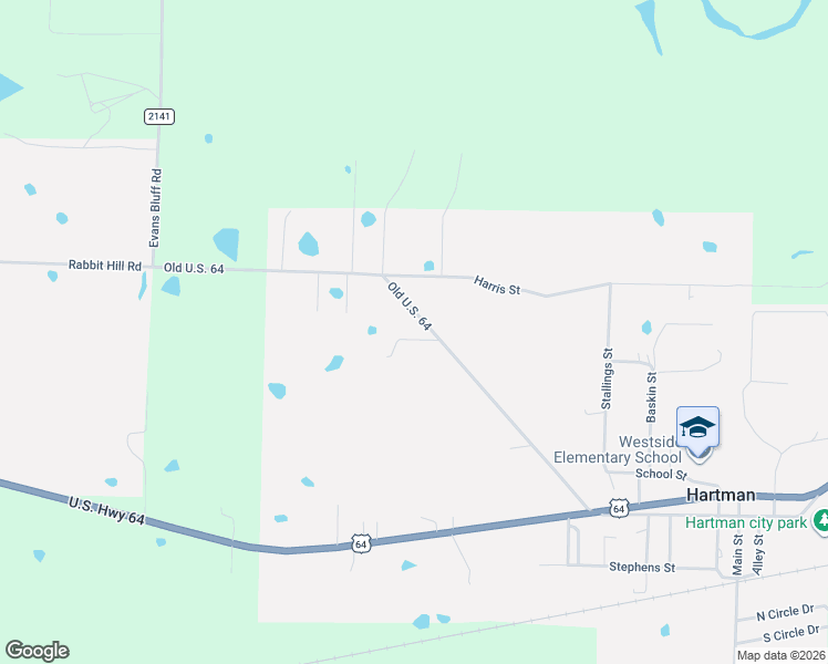 map of restaurants, bars, coffee shops, grocery stores, and more near 604 Old Highway 64 in Hartman