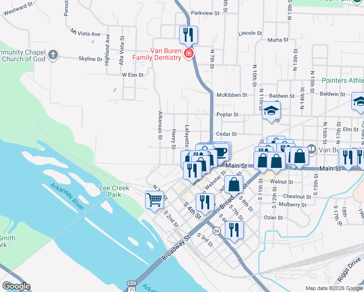 map of restaurants, bars, coffee shops, grocery stores, and more near 18 Lafayette Street in Van Buren