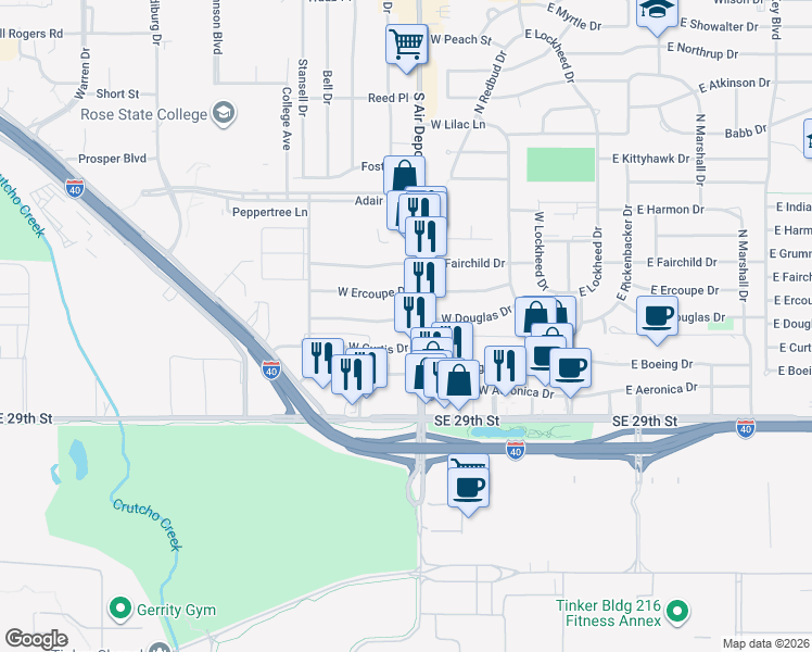 map of restaurants, bars, coffee shops, grocery stores, and more near 407 West Curtis Drive in Midwest City