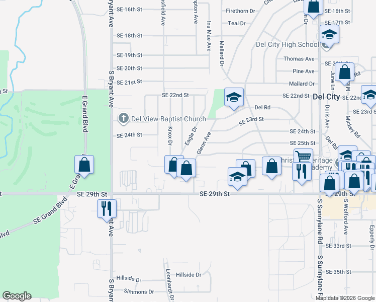 map of restaurants, bars, coffee shops, grocery stores, and more near 2612 Glenn Avenue in Del City