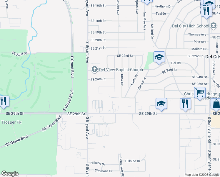map of restaurants, bars, coffee shops, grocery stores, and more near 3300 Southeast 27th Street in Del City