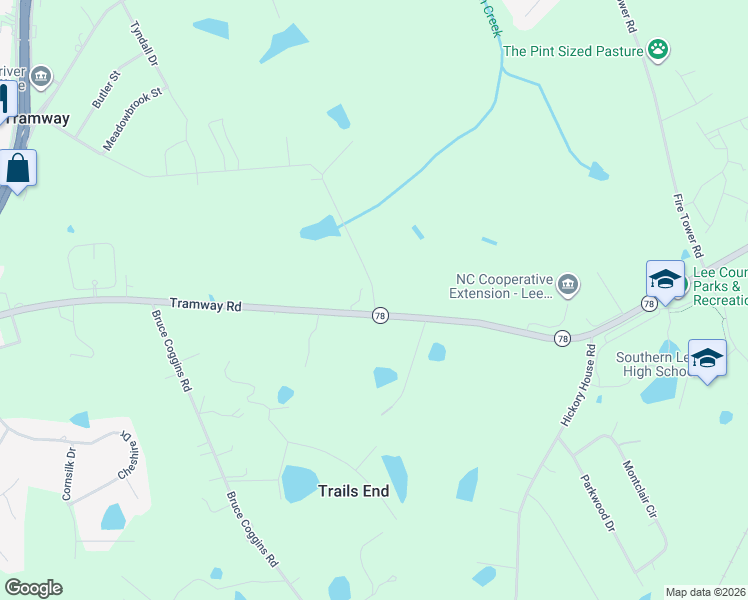 map of restaurants, bars, coffee shops, grocery stores, and more near 2704 Tramway Road in Sanford