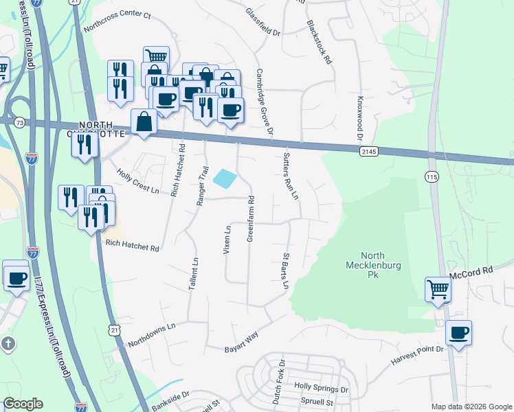 map of restaurants, bars, coffee shops, grocery stores, and more near 10025 Vixen Lane in Huntersville