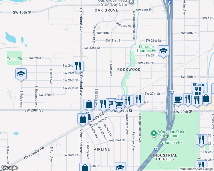 map of restaurants, bars, coffee shops, grocery stores, and more near 2701 South Goff Avenue in Oklahoma City