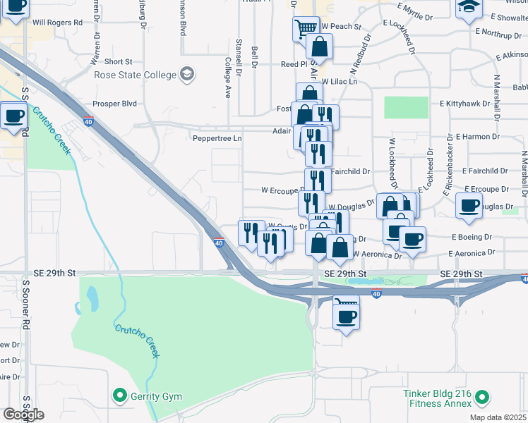 map of restaurants, bars, coffee shops, grocery stores, and more near 424 West Douglas Drive in Midwest City