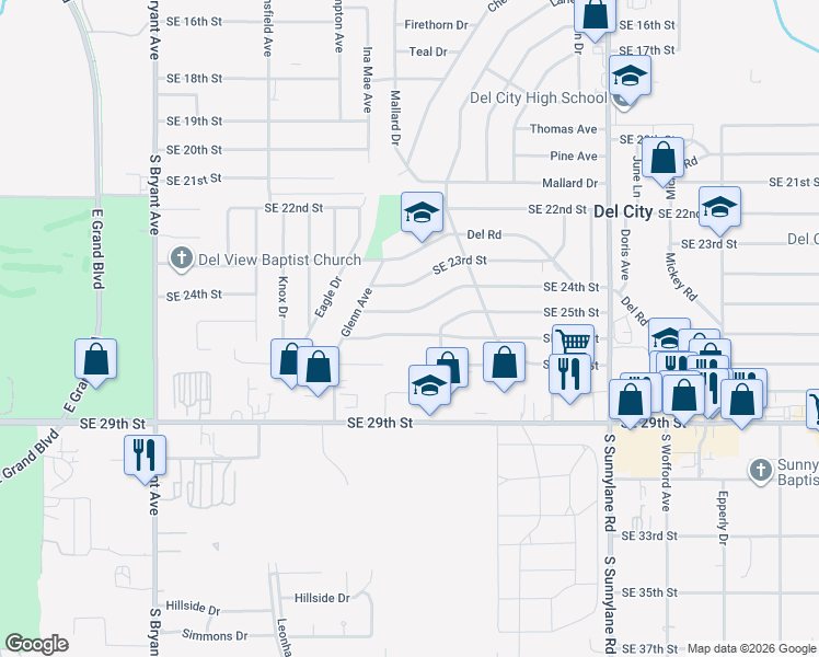 map of restaurants, bars, coffee shops, grocery stores, and more near 3725 Southeast 24th Street in Del City