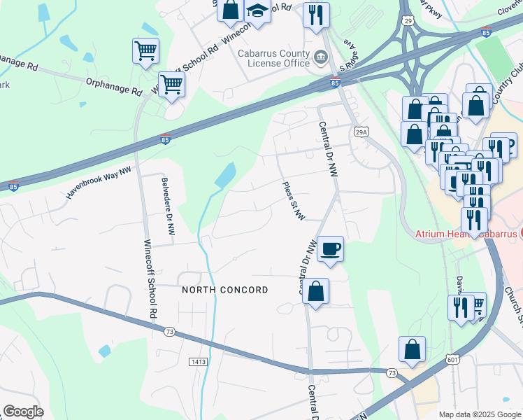 map of restaurants, bars, coffee shops, grocery stores, and more near 256 Southcircle Drive Northwest in Concord