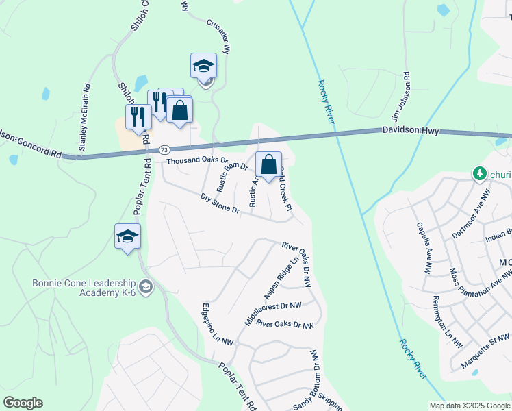 map of restaurants, bars, coffee shops, grocery stores, and more near 1610 Rustic Arch Way in Huntersville