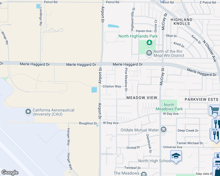 map of restaurants, bars, coffee shops, grocery stores, and more near 3461 Park Meadows Drive in Bakersfield