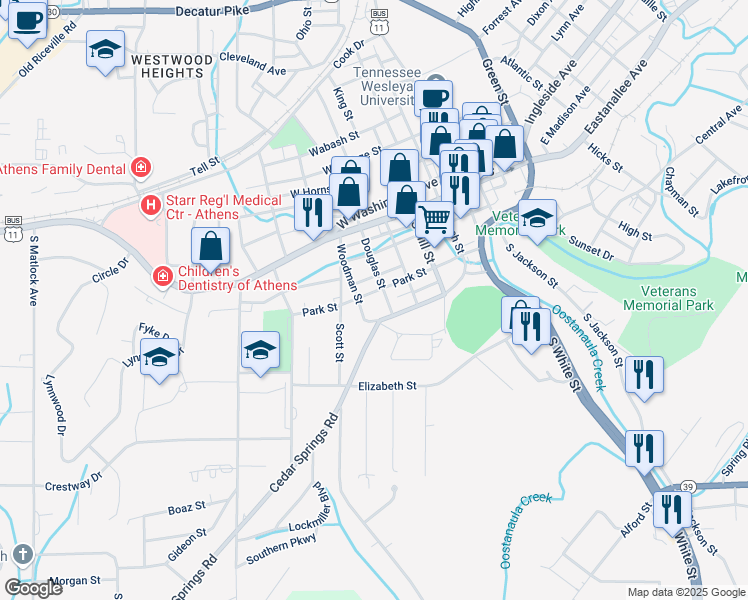map of restaurants, bars, coffee shops, grocery stores, and more near 112 Douglas Street in Athens