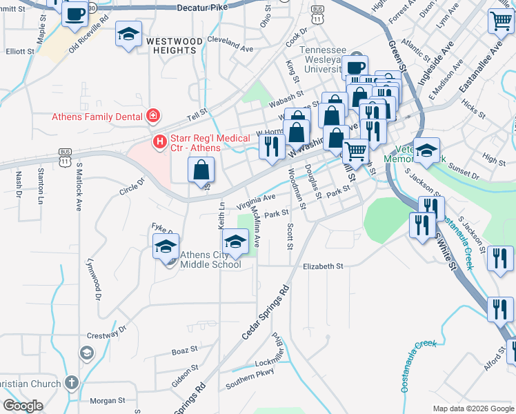 map of restaurants, bars, coffee shops, grocery stores, and more near 614 Virginia Avenue in Athens