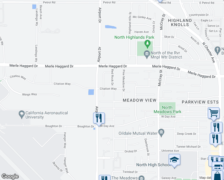 map of restaurants, bars, coffee shops, grocery stores, and more near 3461 Park Meadows Drive in Bakersfield