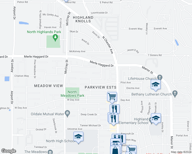 map of restaurants, bars, coffee shops, grocery stores, and more near 242 Fern Meadow Drive in Bakersfield