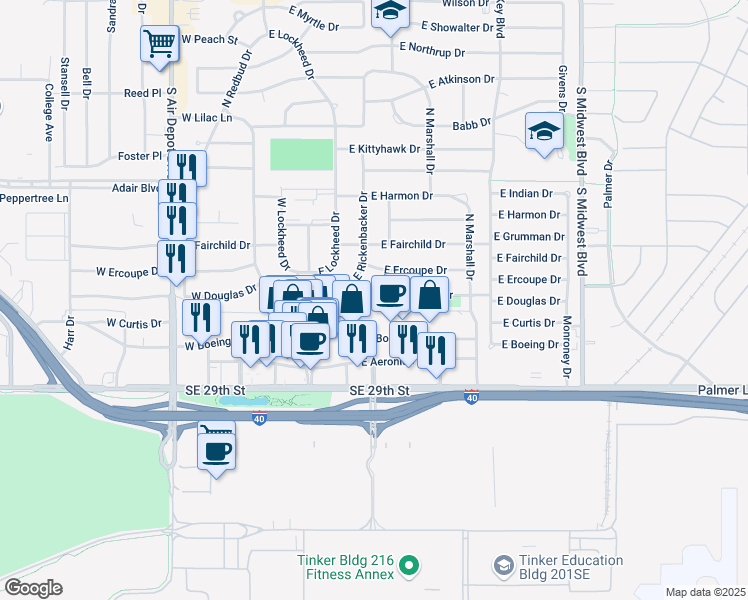 map of restaurants, bars, coffee shops, grocery stores, and more near 201 East Douglas Drive in Midwest City
