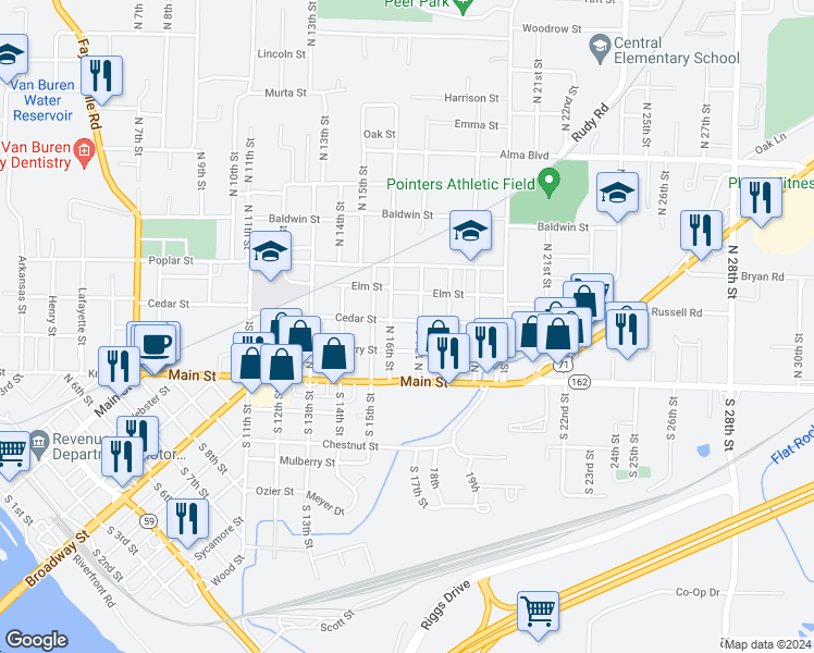 map of restaurants, bars, coffee shops, grocery stores, and more near 1614 Cedar Street in Van Buren