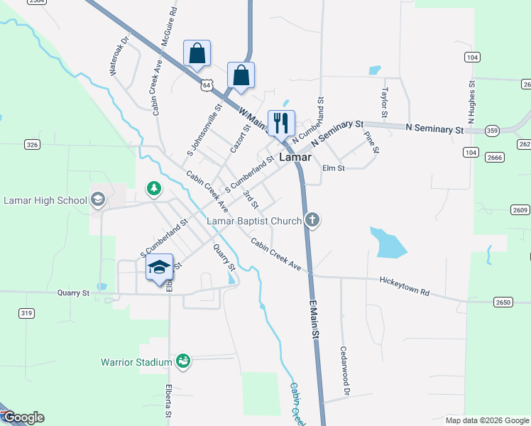 map of restaurants, bars, coffee shops, grocery stores, and more near 301-309 Brown Street in Lamar