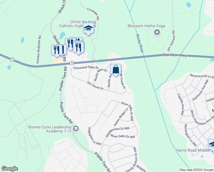 map of restaurants, bars, coffee shops, grocery stores, and more near 1611 Rustic Arch Way in Huntersville