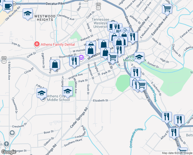 map of restaurants, bars, coffee shops, grocery stores, and more near 405 Park Street in Athens