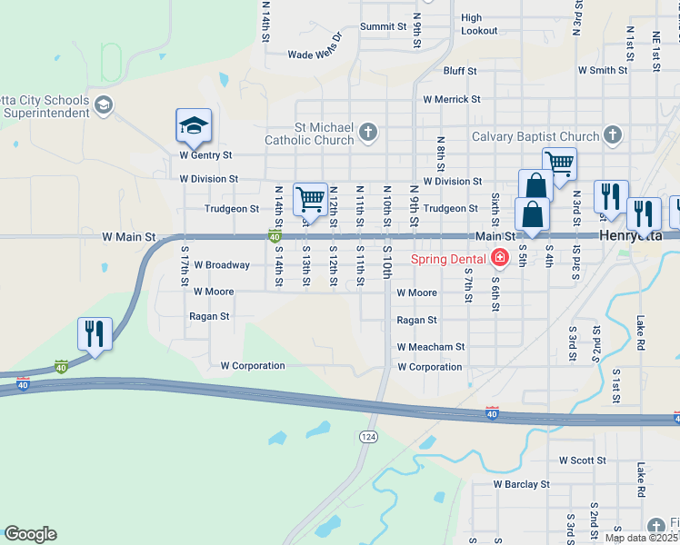 map of restaurants, bars, coffee shops, grocery stores, and more near 1108 West Broadway in Henryetta