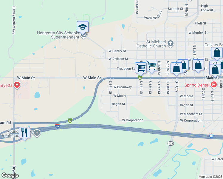 map of restaurants, bars, coffee shops, grocery stores, and more near 108 South 17th Street in Henryetta